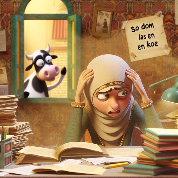 Student en koe: Domheid en studiefrustratie Een frustrerende student zit aan een rommelig bureau met boeken en papieren, terwijl een cartoonachtige koe met een domme uitdrukking door het raam kijkt, als symbool voor domheid.