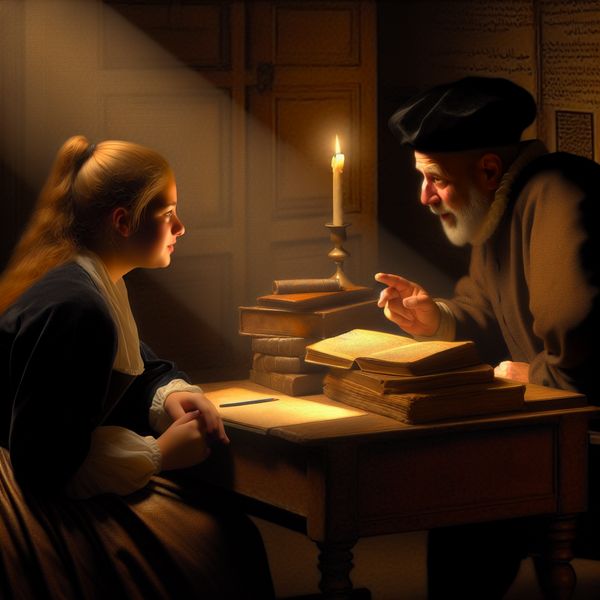 Serieuze conversatie tussen student en leraar in sfeervolle kamer Een jong student in een serieuze conversatie met een oudere leraar in een sfeervol verlichte kamer, waarbij schaduwen een dramatisch effect creëren.