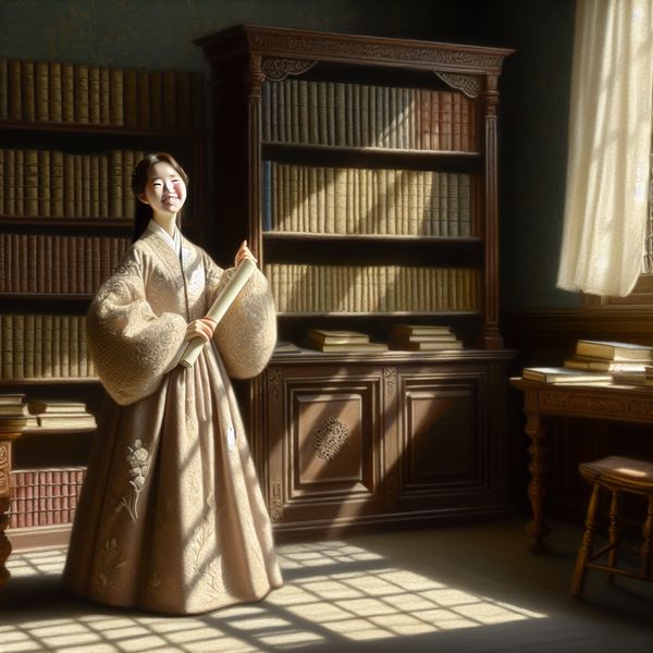 Een blije student in een elegante studeerkamer, omringd door boeken, die een certificaat van voltooiing vasthoudt na het behalen van een moeilijk examen.