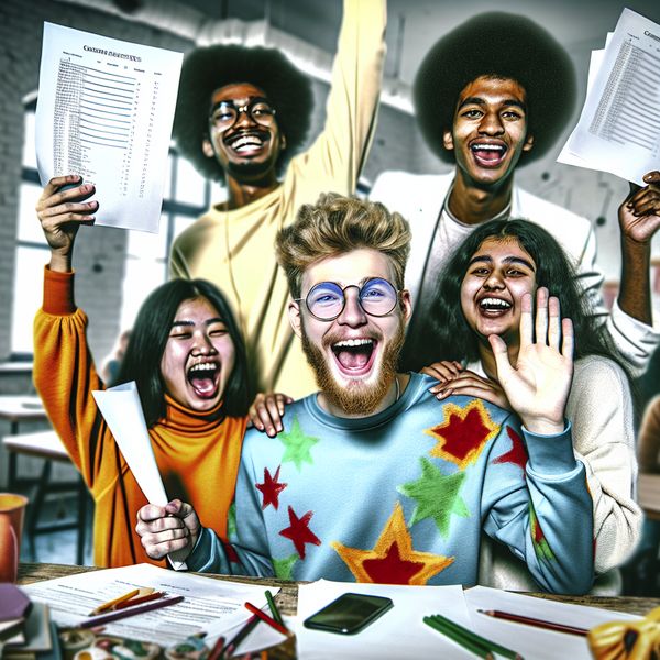 Een student houdt met trots een examenresultaatpapier vast met een voldoende omringd door vrolijke vrienden die vieren met hoge vijven en glimlachen in een klaslokaal.