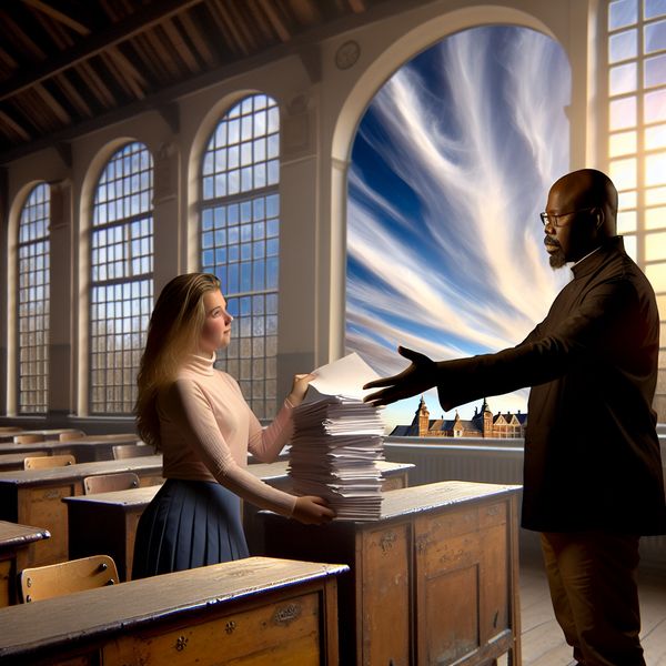 Student geeft huiswerk aan leraar in historisch klassikaal interieur Een jonge student overhandigt een stapel huiswerk aan een strenge leraar in een klassiek aangekleed schoollokaal.