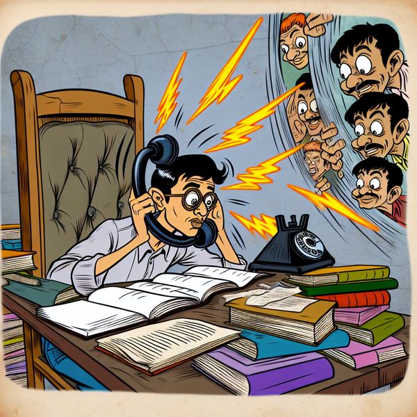 Een cartoonachtige afbeelding van een student die gefrustreerd studeert aan een rommelig bureau, omringd door boeken en aantekeningen, terwijl een luidruchtige telefoon rinkelt.