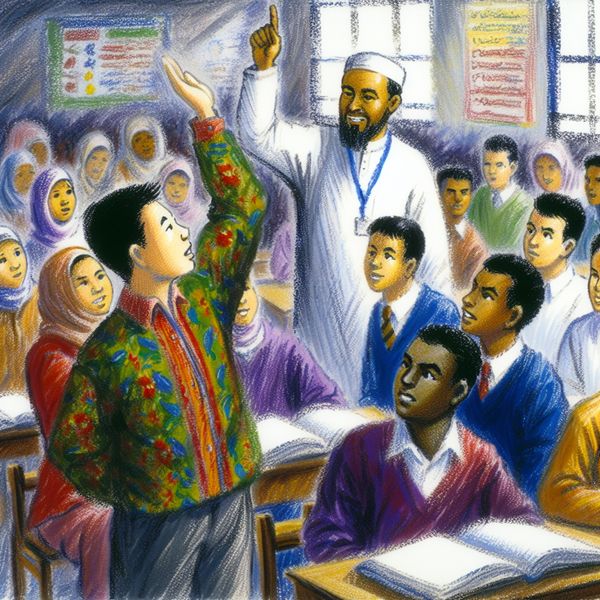 Student vraagt om extra tijd in de klas Een student die zijn hand opsteekt en hoopvol naar de leraar kijkt in een levendige klaslokaalsetting.