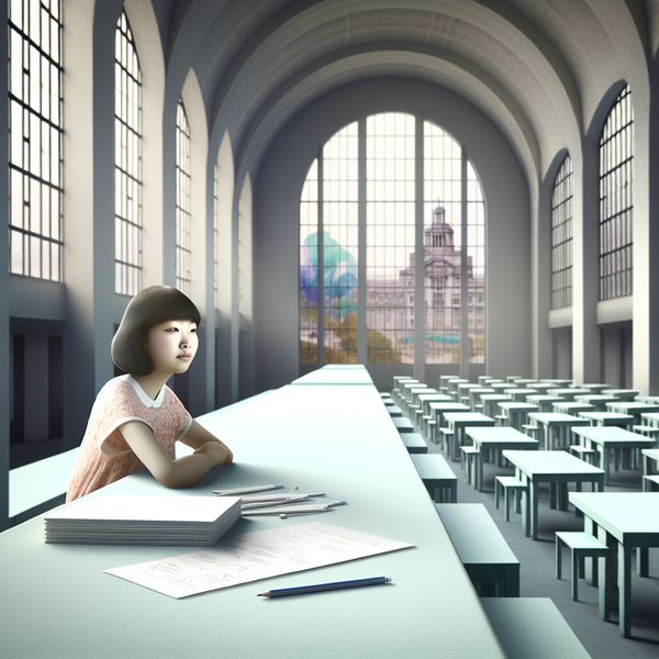 Een student die alleen aan een leeg bureau zit in een monumentale ruimte, met zachte verlichting van hoge ramen en ongelezen huiswerk om hem heen.