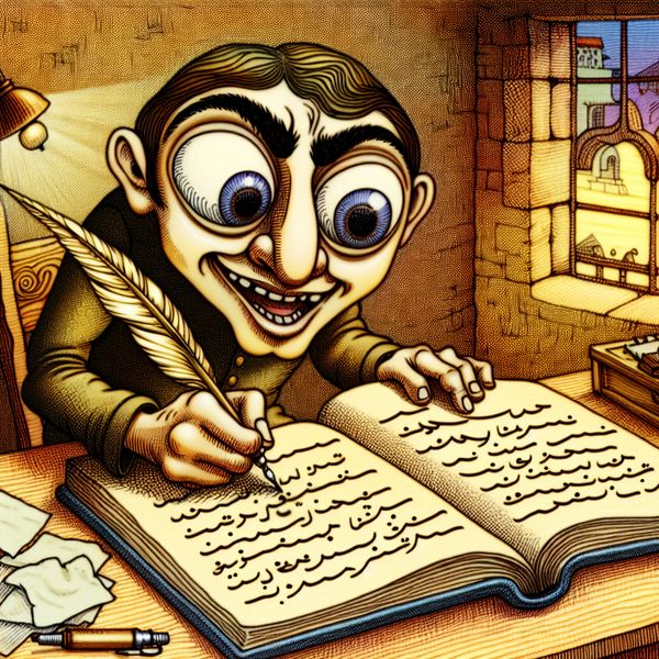 Cartoonstudent schrijft een korte notitie met een ganzenveer in de marge van een open boek in een gezellige studeerkamer