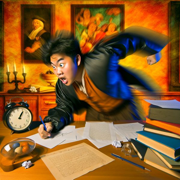Student werkt geconcentreerd aan scriptie aan rommelig bureau met boeken en papieren, dynamische schilderstijl met warme kleuren en dramatische belichting