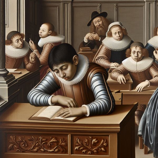 Jonge student die moeite heeft met presteren in historische studeerkamer 17e-eeuwse Nederlandse studeerkamer met een jonge student die moeite heeft om het tempo bij te houden, terwijl klasgenoten geconcentreerd werken in elegante kleding met fijne stoffen
