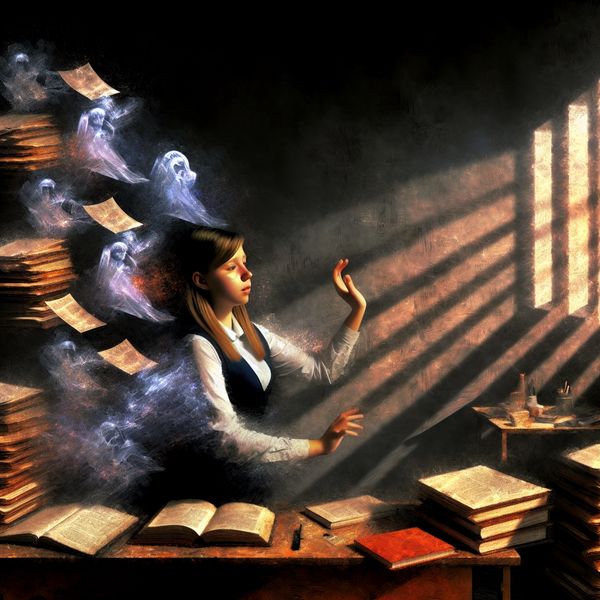 Opluchting na Stresservaringen voor Taalstudenten Student die stressafbouwt in een rommelig bureau, zware mantel valt op de grond, zichtbaar opgelucht, met zonlicht dat doorvensters straalt.