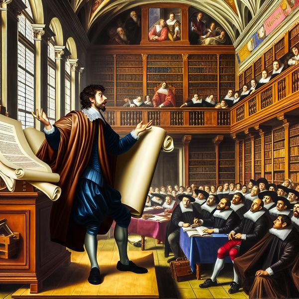 Zelfverzekerde student presenteert zijn argumenten in een klassikale omgeving Een zelfverzekerde student presenteert zijn argumenten in een klaslokaal met boeken en documenten op een houten bureau.