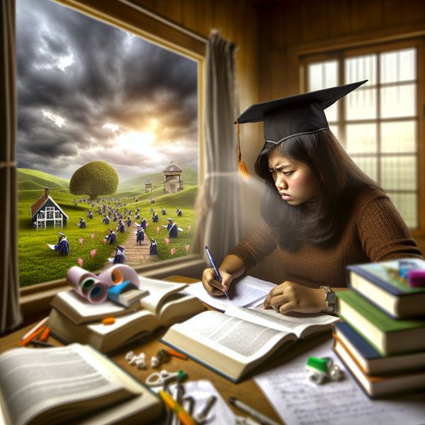 Student Studies voor Examens met Droom van Diploma Student studerend aan een rommelig bureau met open boeken en notities