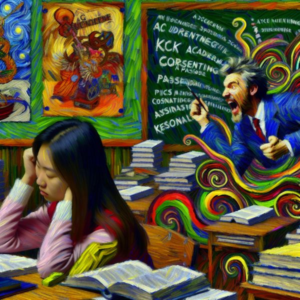 Student die studiematerialen bekijkt met inspirerende adviezen Een student zit contemplatief aan een bureau, omringd door kleurrijke posters en boeken, terwijl een leraar aanwijzingen geeft bij een groot schoolbord vol studiepaden.