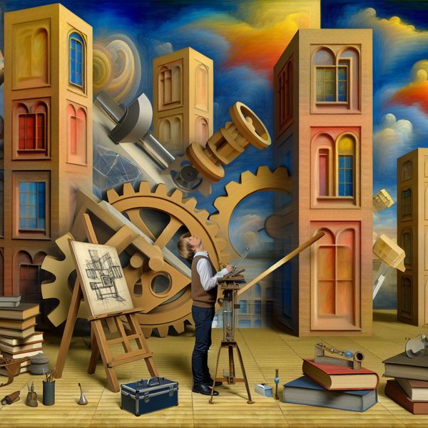 Student omringd door enorme abstracte gebouwen en surrealistische elementen, zoals gigantische tandwielen en boeken, terwijl hij theoretische concepten toepast in de praktijk.