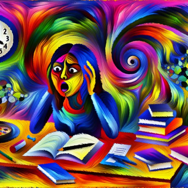 Student voorbereiden op wiskunde-examen Een student met een zenuwachtige uitdrukking die zich voorbereidt op een wiskunde-examen aan een kleurrijk bureau vol boeken en notities.