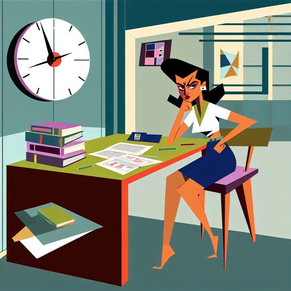 Student weigert huiswerk te maken - Retro-futuristische illustratie Illustratie van een student met een uitdagende blik die aan een bureau zit met onafgemaakt huiswerk en verspreide boeken.