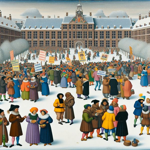 Studenten protesteren op een sneeuwbedekte campus voor lagere collegegeldtarieven met kleurrijke borden.