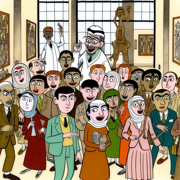 Levendige groep studenten in een museum die samenwerken met een gids die een artefact toont, in een speelse cartoonstijl