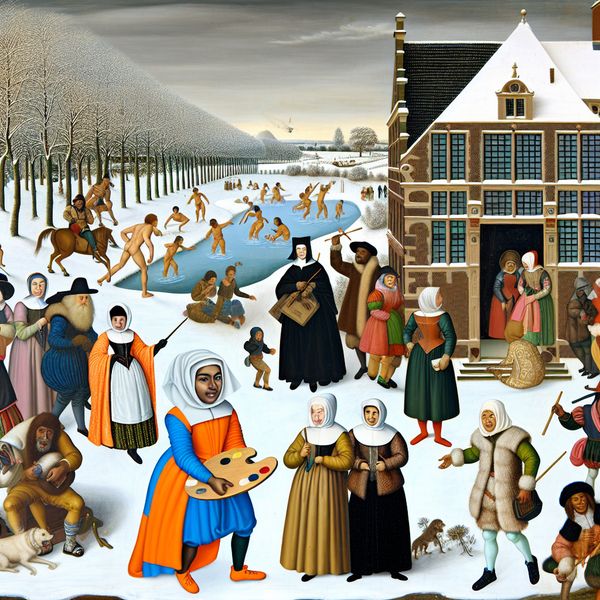 Vibrant winterlandschap met studenten voor een kunstschool, een vrouw met een palet en penseel, winteractiviteiten op een bevroren vijver, in de stijl van Hendrick Avercamp.
