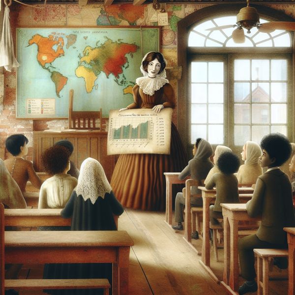 Vergelijking van studentenprestaties in een nostalgisch klaslokaal Een nostalgisch klaslokaal met een leraar die een grote grafiek toont over de prestaties van studenten in vergelijking met nationale gemiddelden.