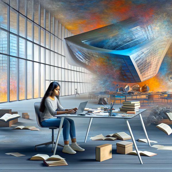 Studeren met technologie in een moderne inrichting Een jonge vrouw zit aan een modern bureau en studeert op haar laptop, omringd door boeken in een lichte, surrealistische kamer.