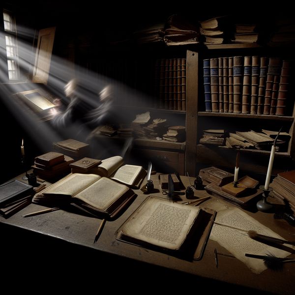 Een student studeert geconcentreerd in een schemerige studiekamer vol oude boeken, met een open tekstboek en gekleurde markeringen.