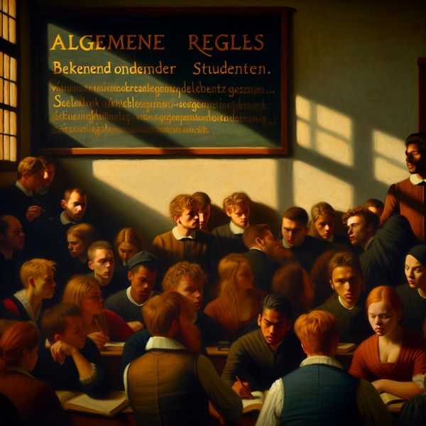 Studerende Studenten in een Drukke Klasomgeving Drukke universitaire klaslokaal met diverse studenten die aan een levendige discussie deelnemen, met opvallende teksten op het bord.
