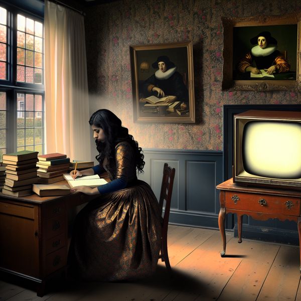 Een jonge vrouw die studeert aan een houten bureau, met een vintage televisie op de achtergrond die felle kleuren uitstraalt.