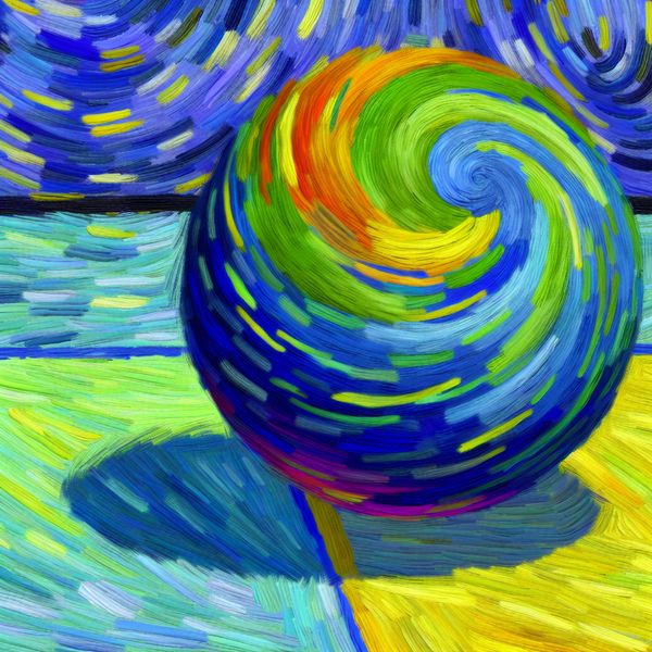 Vibrante bal die stuitert in Van Gogh-stijl Een levendige illustratie van een rond, kleurrijk bal die hoog van de grond stuitert met uitbarstingen van energie, in de stijl van Vincent van Gogh.