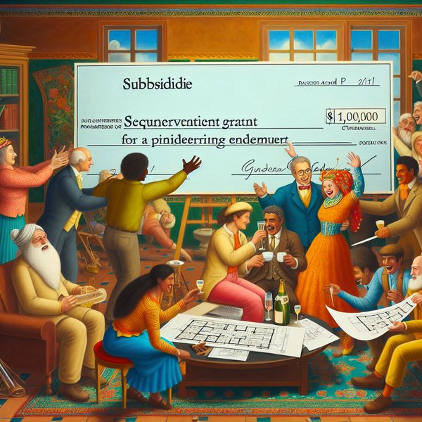 Viering van een subsidieontvangst door een diverse organisatie Een diverse groep mensen viert enthousiast de ontvangst van een subsidie met een grote cheque in een zonnige kantooromgeving.