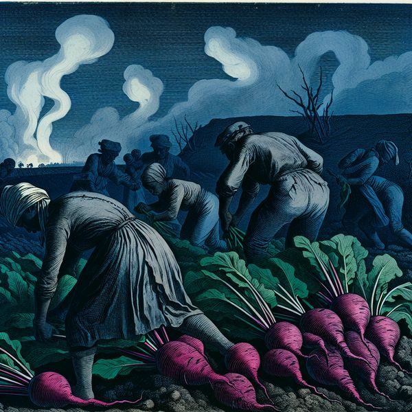 Oogsten van suikerbieten in landelijke omgeving Groep arbeiders oogst suikerbieten in een ruig landelijk landschap met een blauwe gloed tijdens de schemering.