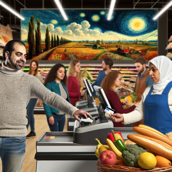 Supermarkt Afrekenen: Klanten bij de Kassa Een drukke supermarkt kassa met klanten in de rij, een shopper gebruikt een pinpas bij de zelfscanner.