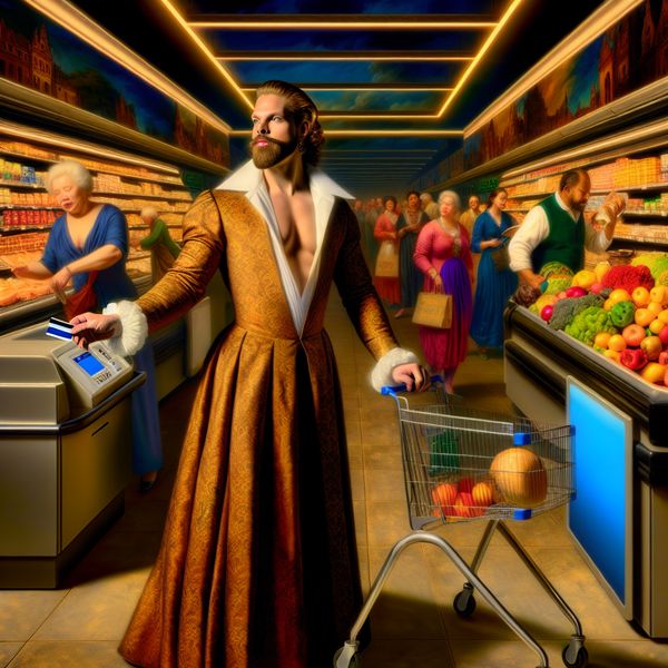 Een zelfverzekerd persoon in een supermarkt met een betaalpas in de hand, omringd door kleurrijke boodschappen.