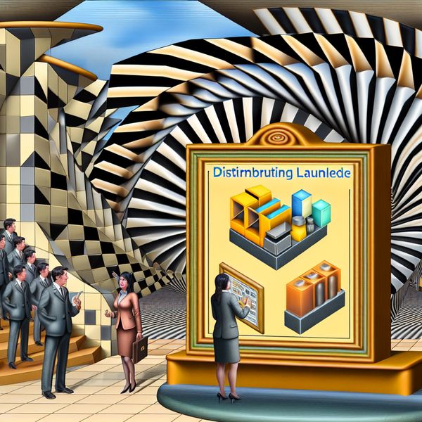 Surrealistisch Aankondigingsbord in Druk Kantoor Surrealistisch kantoor met aankondigingsbord over productlanceringen, omgeven door geometrische illusies en werknemers in discussie.