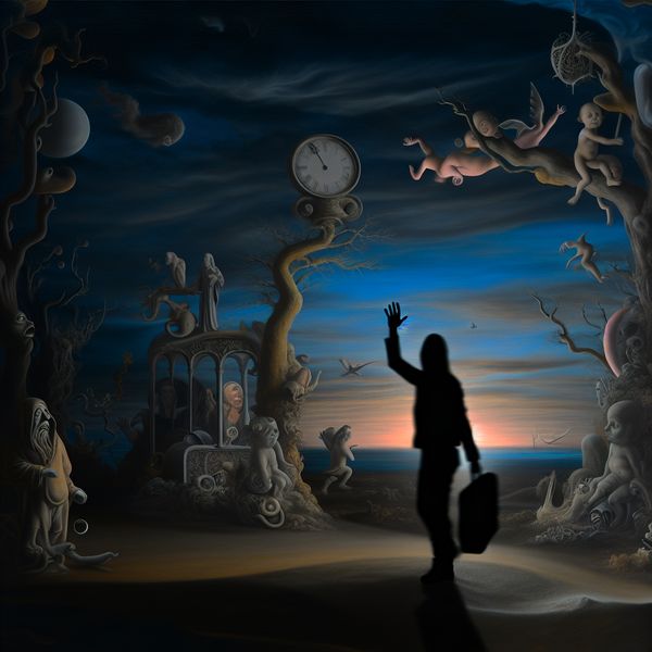 Surrealistisch Afscheid in de Avond met Fantastische Elementen Surrealistisch beeld van een afscheid in de avond met fantastical wezens en bizarre vormen in de lucht.