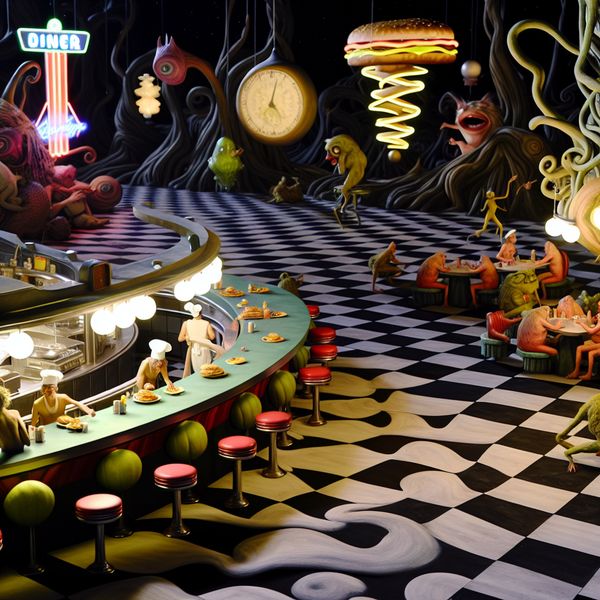 Surrealistisch Amerikaans eethuis geïnspireerd op Hieronymus Bosch met hybride wezens die gloeiende hamburgers eten in een dromerige diner-omgeving