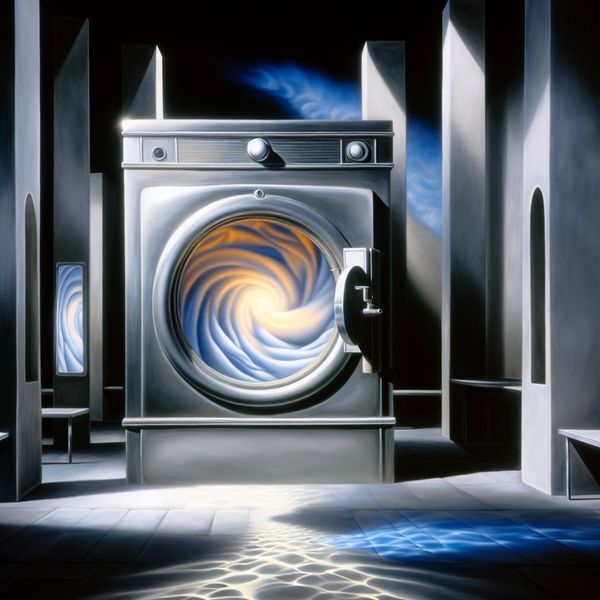 Hyperrealistisch surrealistisch tafereel van een monumentale wasruimte met een grote, glanzende wasmachine waarvan de deur openstaat en lichtgevende kleding laat wervelen, in de stijl van Carel Willink