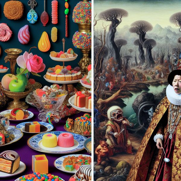 Surrealistisch Banquet met Overvloed aan Snoep Een jonge vrouw in een opvallende jurk leunt over een tafel vol kleurrijke snoep en zoetigheden, terwijl bizarre wezens met afschuw toekijken, in een surrealistisch, droomachtig landschap.