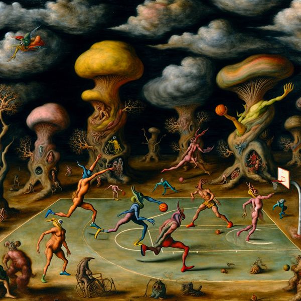 Surrealistisch basketbalspel in fantastische arena Surrealistisch basketbalspel met bizarre wezens onder een donkere lucht