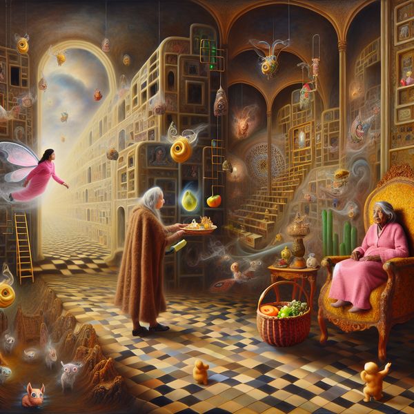 Droomachtig bezoek aan oudere vrouw in surrealistische setting voor taalonderwijs Surrealistisch tafereel van een bezoek aan een oudere vrouw in een droomachtig verpleeghuis, geïnspireerd op Hieronymus Bosch, met zwevende objecten en speelse wezens