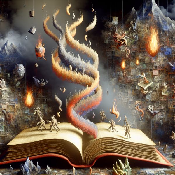 Surrealistisch Boek en Zijn Invloed op de Literatuur Surrealistische scène geïnspireerd door Hieronymus Bosch met een geopend oud boek in de voorgrond en bizarre wezens op de achtergrond die literaire thema's uitbeelden.