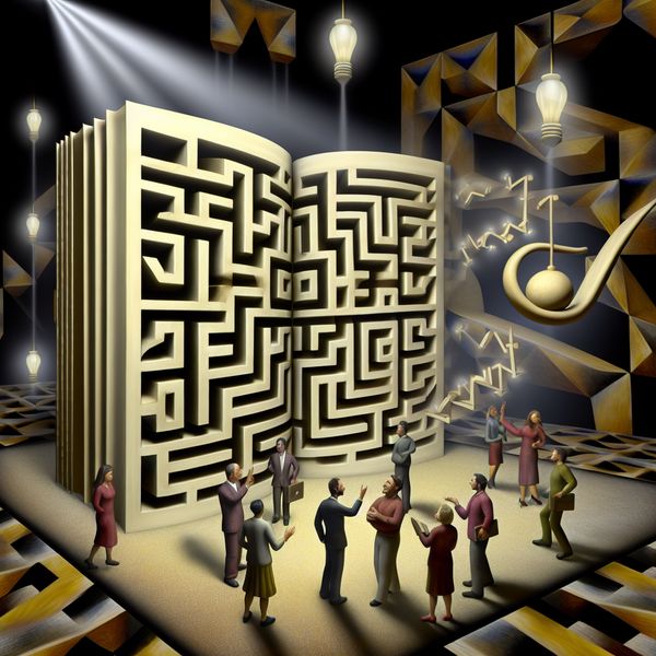 Surrealistisch boek met symbolen van kansen en terugverwijzing in leren Surrealistisch geometrisch beeld van een groot patroonboek met symbolen als open deuren en lichtbollen, omringd door een diverse menigte die betrokken discussies voert.