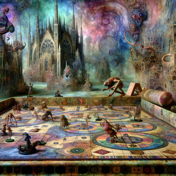 Surrealistisch Bordspel in Fantasierijke Sculptuur Een surrealistisch bordspel in een bizarre en fantasierijke setting met vreemde wezens.
