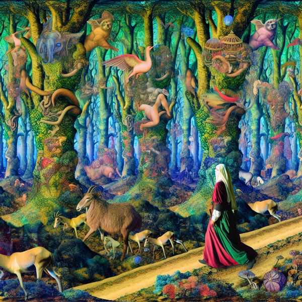 Surrealistisch Bos Avontuur: Een Reis door de Natuur Een mysterieuze verkenner wandelt een kronkelig pad door een surrealistisch bos vol bizarre wezens.