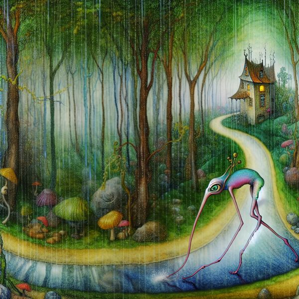 Surrealistisch Bosch-inspiratie: Vlug Wezen in Regenbos Een surrealistisch bos met een langbenig, bizar wezen dat door een regenstorm rent op een glinsterend pad, geïnspireerd door Bosch.