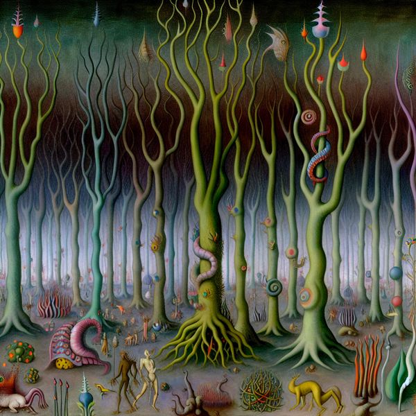 Surrealistisch Boslandschap met Regelmatige Groei Surrealistisch boslandschap geïnspireerd door Hieronymus Bosch met bizarre wezens en groeiende bomen.