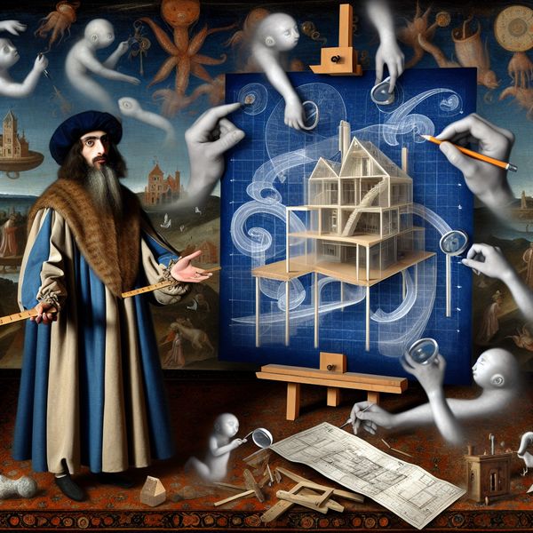 Visionair bouwplan: surrealistische architectuurtekening in Bosch-stijl Surrealistische tekening van een architect die een fantastisch bouwplan presenteert, omringd door vreemde wezens en symbolische gereedschappen in de stijl van Jheronimus Bosch