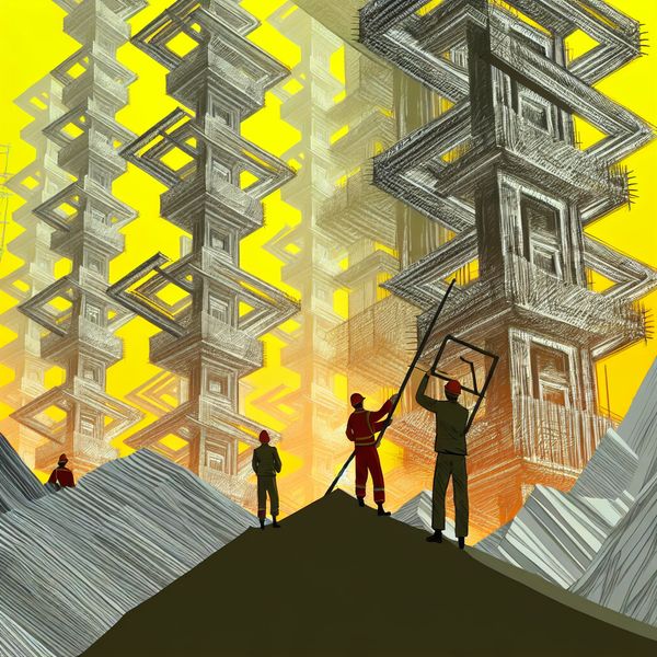 Surrealistisch bouwterrein met cement en onmogelijke structuren Surrealistisch bouwterrein met ingenieurs die cement aanbrengen op enorme, ingewikkelde pilaren die de zwaartekracht en perspectief lijken te negeren.