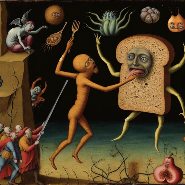 Surrealistisch tafereel van een reusachtig brood dat zichzelf aanbiedt aan een uitgehongerde persoon, geïnspireerd op Hieronymus Bosch