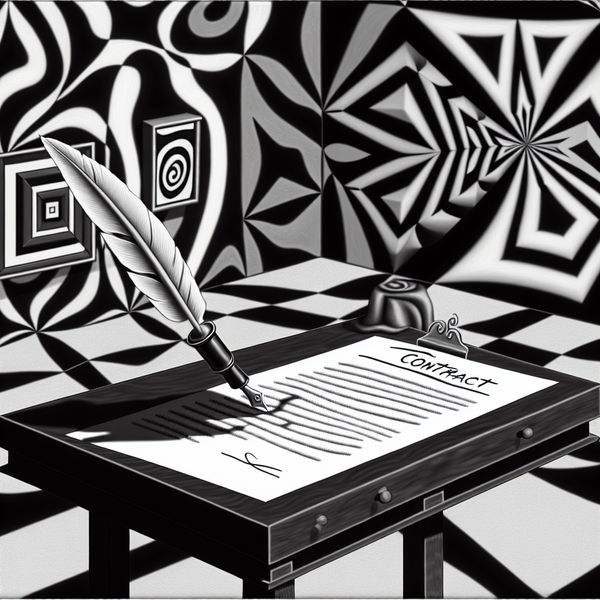 Een persoon die een contract ondertekent op een artistiek bureau in een surrealistische kamer.