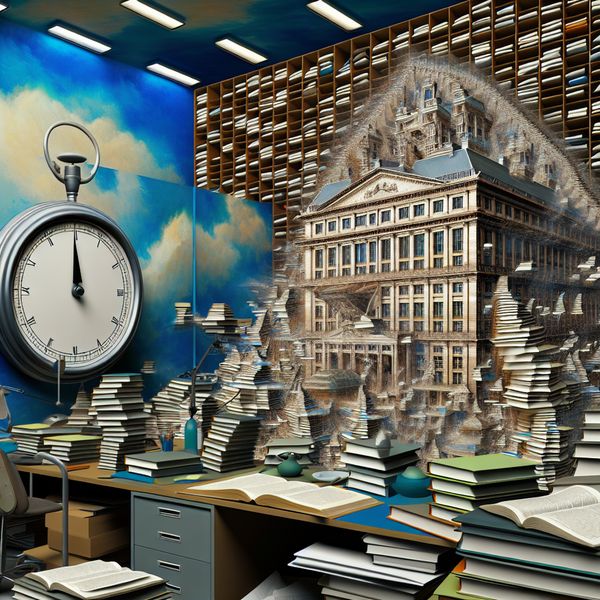 Surrealistisch bureau met stapels huiswerkopdrachten en boeken, tegen een achtergrond van een monumentaal gebouw en een grote klok die tijdsdruk toont.