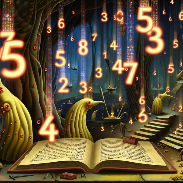 Surrealistisch bureau van statistiek in de stijl van Hieronymus Bosch met zwevende cijfers en bizarre wezens die werkloosheids- en criminaliteitsstatistieken verwerken
